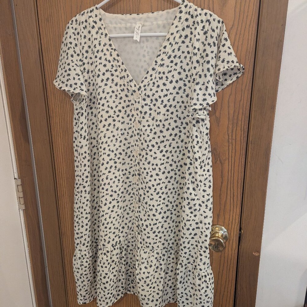 "I Love" Button Down Flutter Sleeve Geometric Pattern Flowy Lined Dress-Small